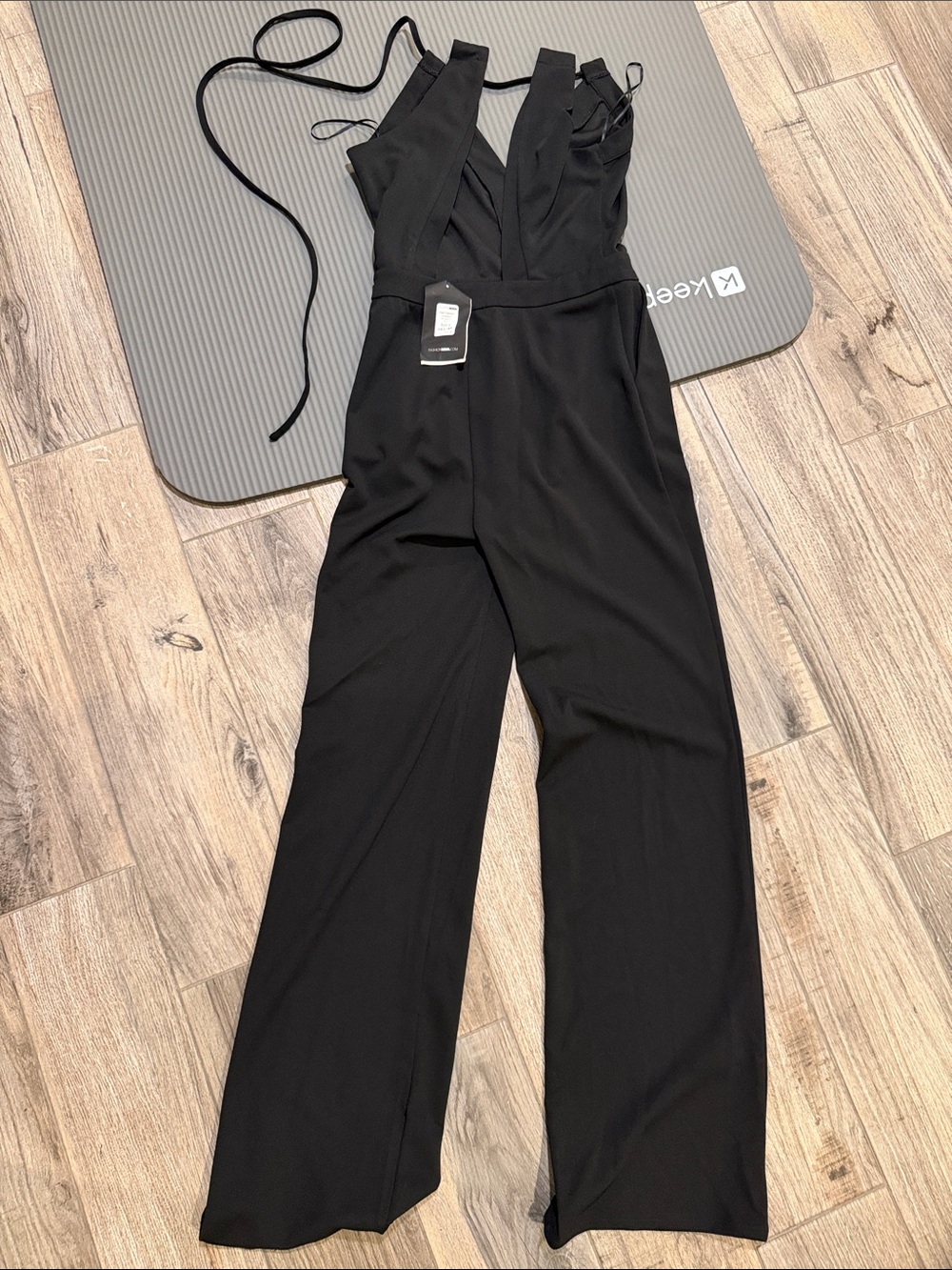 Fashion Nova Black V-Neck Wide Leg Jumpsuit with Adjustable Straps